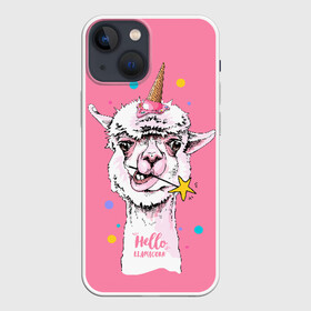 Чехол для iPhone 13 mini с принтом Hello llamacorn в Курске,  |  | Тематика изображения на принте: alpaca | animal | carnival | cool | cup | head | horn | ice cream | llama | look | pink | slogan | star | unicorn | waffle | альпака | вафельный | взгляд | голова | единорог | животное | звезда | карнавал | лама | мороженое | привет | прикольный | р