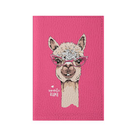 Обложка для паспорта матовая кожа с принтом Romantic llama в Курске, натуральная матовая кожа | размер 19,3 х 13,7 см; прозрачные пластиковые крепления | alpaca | animal | cool | flowers | head | heart | inscription | llama | look | pink | romance | альпака | взгляд | голова | животное | лама | любовь | надпись | очки | прикольный | розовые | романтика | сердце | цветы