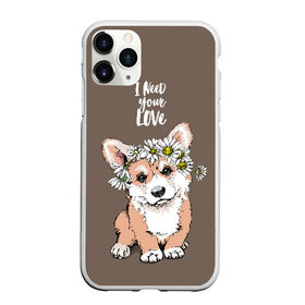 Чехол для iPhone 11 Pro матовый с принтом I need your love в Курске, Силикон |  | animal | breed | chamomile | cute | dog | flowers | funny | i need your love | inscription | puppy | welsh corgi pembroke | вельш корги пемброк | животное | забавный | любовь | милый | мне нужна твоя любовь | надпись | порода | ромашки | собака | цв