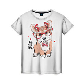 Женская футболка 3D с принтом I need your love в Курске, 100% полиэфир ( синтетическое хлопкоподобное полотно) | прямой крой, круглый вырез горловины, длина до линии бедер | animal | bow | bow tie | breed | cute | dog | funny | hearts | i need your love | polka dot | puppy | red | the inscription | white | бант | белый | вельш корги пемброк | галстук бабочка | горошек | животное | забавный | красный | любовь | милый | м
