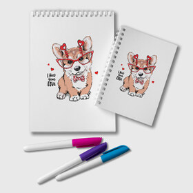 Блокнот с принтом I need your love в Курске, 100% бумага | 48 листов, плотность листов — 60 г/м2, плотность картонной обложки — 250 г/м2. Листы скреплены удобной пружинной спиралью. Цвет линий — светло-серый
 | Тематика изображения на принте: animal | bow | bow tie | breed | cute | dog | funny | hearts | i need your love | polka dot | puppy | red | the inscription | white | бант | белый | вельш корги пемброк | галстук бабочка | горошек | животное | забавный | красный | любовь | милый | м