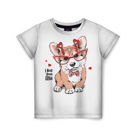 Детская футболка 3D с принтом I need your love в Курске, 100% гипоаллергенный полиэфир | прямой крой, круглый вырез горловины, длина до линии бедер, чуть спущенное плечо, ткань немного тянется | Тематика изображения на принте: animal | bow | bow tie | breed | cute | dog | funny | hearts | i need your love | polka dot | puppy | red | the inscription | white | бант | белый | вельш корги пемброк | галстук бабочка | горошек | животное | забавный | красный | любовь | милый | м