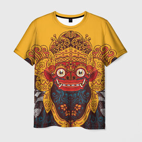 Мужская футболка 3D с принтом Баронг в Курске, 100% полиэфир | прямой крой, круглый вырез горловины, длина до линии бедер | asian | background | balinese | barong | demon | ethnic | exotic | face | fangs | illustration | indonesian | look | mask | wild | yellow | азиатский | балийский | баронг | взгляд | демон | дикий | жёлтый | иллюстрация | индонезийский | клыки | лицо | мас