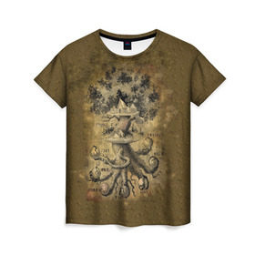 Женская футболка 3D с принтом Дерево жизни в Курске, 100% полиэфир ( синтетическое хлопкоподобное полотно) | прямой крой, круглый вырез горловины, длина до линии бедер | 3d | 9 миров | абстракция | арт | дерево жизни | индраксиль | песочный