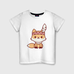 Детская футболка хлопок с принтом Лисенок индеец в Курске, 100% хлопок | круглый вырез горловины, полуприлегающий силуэт, длина до линии бедер | Тематика изображения на принте: fox | лис | лиса | лисенок | лисица | милая | пушистик | рыжая