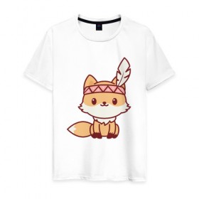 Мужская футболка хлопок с принтом Лисенок индеец в Курске, 100% хлопок | прямой крой, круглый вырез горловины, длина до линии бедер, слегка спущенное плечо. | fox | лис | лиса | лисенок | лисица | милая | пушистик | рыжая
