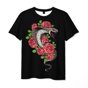 Мужская футболка 3D с принтом Кобра в Курске, 100% полиэфир | прямой крой, круглый вырез горловины, длина до линии бедер | amphibian | animal | cobra | fangs | poison | red | roses | scales | snake | животное | земноводное | змея | клыки | кобра | красные | розы | чешуя | яд