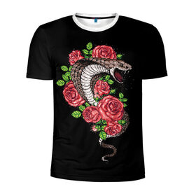Мужская футболка 3D спортивная с принтом Кобра в Курске, 100% полиэстер с улучшенными характеристиками | приталенный силуэт, круглая горловина, широкие плечи, сужается к линии бедра | amphibian | animal | cobra | fangs | poison | red | roses | scales | snake | животное | земноводное | змея | клыки | кобра | красные | розы | чешуя | яд
