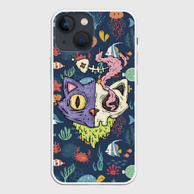 Чехол для iPhone 13 mini с принтом Завтрак в Курске,  |  | cat | ears | fish | kitten | nose | skeleton | smoke | взгляд | глаза | дым | кот | котенок | кошка | нос | рыба | скелет | уши | череп