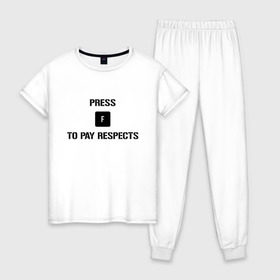 Женская пижама хлопок с принтом Press F to Pay Respects в Курске, 100% хлопок | брюки и футболка прямого кроя, без карманов, на брюках мягкая резинка на поясе и по низу штанин | pres f | press f | press f to pay respects | прес ф | респект