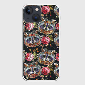 Чехол для iPhone 13 mini с принтом Еноты в Курске,  |  | animals | art | drawing | embroidery | flower | raccoons | rose | touches | wild | вышивка | дикие | еноты | животные | звери | искусство | рисунок | роза | цветок | штрихи