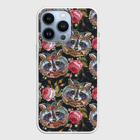 Чехол для iPhone 13 Pro с принтом Еноты в Курске,  |  | animals | art | drawing | embroidery | flower | raccoons | rose | touches | wild | вышивка | дикие | еноты | животные | звери | искусство | рисунок | роза | цветок | штрихи