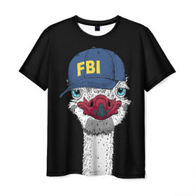 Мужская футболка 3D с принтом FBI в Курске, 100% полиэфир | прямой крой, круглый вырез горловины, длина до линии бедер | beak | bird | blue | cap | fbi | funny | head | inscription | long | neck | ostrich | red | весёлый | голова | длинная | кепка | клюв | красный | надпись | птица | синяя | смешной | страус | фбр | шея