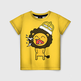 Детская футболка 3D с принтом Лев в Курске, 100% гипоаллергенный полиэфир | прямой крой, круглый вырез горловины, длина до линии бедер, чуть спущенное плечо, ткань немного тянется | animal | beast | childish | crown | drawing | funny | king | lion | mane | screaming | yellow | грива | детский | желтый | животное | зверь | корона | кричит | лев | рисунок | смешной | царь