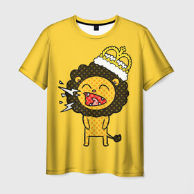 Мужская футболка 3D с принтом Лев в Курске, 100% полиэфир | прямой крой, круглый вырез горловины, длина до линии бедер | animal | beast | childish | crown | drawing | funny | king | lion | mane | screaming | yellow | грива | детский | желтый | животное | зверь | корона | кричит | лев | рисунок | смешной | царь