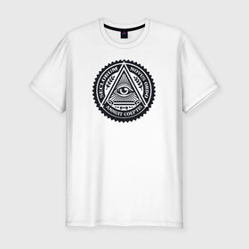 Мужская футболка премиум с принтом Новый мировой порядок в Курске, 92% хлопок, 8% лайкра | приталенный силуэт, круглый вырез ворота, длина до линии бедра, короткий рукав | Тематика изображения на принте: всевидящее око | глаз | дельта | доллар | иллюминаты | масонство | масоны