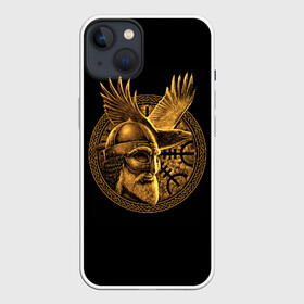 Чехол для iPhone 13 с принтом Один в Курске,  |  | beard | celtic | emblem | face | golden | helmet | myth | one | ornament | raven | runes | sword | viking | warrior | борода | викинг | воин | ворон | золотой | кельтский | лицо | меч | миф | один | орнамент | руны | шлем | эмблема