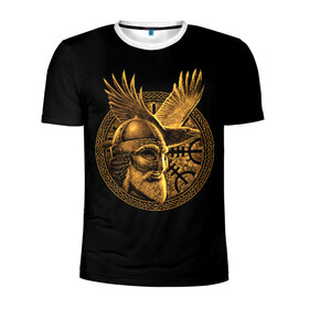 Мужская футболка 3D спортивная с принтом Один в Курске, 100% полиэстер с улучшенными характеристиками | приталенный силуэт, круглая горловина, широкие плечи, сужается к линии бедра | Тематика изображения на принте: beard | celtic | emblem | face | golden | helmet | myth | one | ornament | raven | runes | sword | viking | warrior | борода | викинг | воин | ворон | золотой | кельтский | лицо | меч | миф | один | орнамент | руны | шлем | эмблема