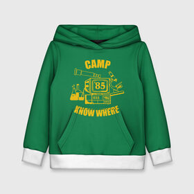 Детская толстовка 3D с принтом CAMP KNOW WHERE в Курске, 100% полиэстер | двухслойный капюшон со шнурком для регулировки, мягкие манжеты на рукавах и по низу толстовки, спереди карман-кенгуру с мягким внутренним слоем | 80 е | 85 | camp know where | camp nowhere | dustin | netflix | stranger things | дастин | кепка дастина | нетфликс | очень странные дела