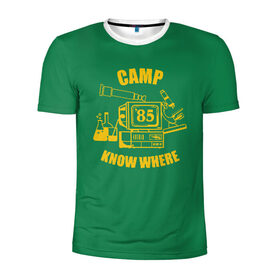 Мужская футболка 3D спортивная с принтом CAMP KNOW WHERE в Курске, 100% полиэстер с улучшенными характеристиками | приталенный силуэт, круглая горловина, широкие плечи, сужается к линии бедра | Тематика изображения на принте: 80 е | 85 | camp know where | camp nowhere | dustin | netflix | stranger things | дастин | кепка дастина | нетфликс | очень странные дела