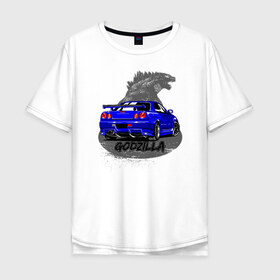 Мужская футболка хлопок Oversize с принтом R34 GODZILLA в Курске, 100% хлопок | свободный крой, круглый ворот, “спинка” длиннее передней части | jdm | nissan | skyline | ниссан | скайлайн | форсаж