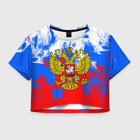 Женская футболка Cropp-top с принтом RUSSIA Flame Collection в Курске, 100% полиэстер | круглая горловина, длина футболки до линии талии, рукава с отворотами | fire | flame | russia | sport | tricolor | герб | огонь | патриот | патриотизм | пламя | россия | спорт | триколор | флаг россии