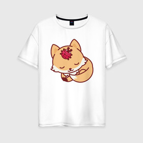 Женская футболка хлопок Oversize с принтом Лисенок и Божья коровка в Курске, 100% хлопок | свободный крой, круглый ворот, спущенный рукав, длина до линии бедер
 | fox | лис | лиса | лисенок | лисица | милая | пушистик | рыжая