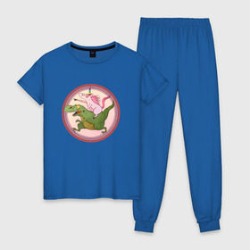 Женская пижама хлопок с принтом Вперёд к мечте! в Курске, 100% хлопок | брюки и футболка прямого кроя, без карманов, на брюках мягкая резинка на поясе и по низу штанин | bird born | арт | единорог | животные | иллюстрация | ирония | комиксы | мечта | милота | мотивация | тирекс | юмор