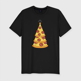 Мужская футболка премиум с принтом Пиццеёлка в Курске, 92% хлопок, 8% лайкра | приталенный силуэт, круглый вырез ворота, длина до линии бедра, короткий рукав | bird born | арт | веселье | еда | ёлка | иллюстратор | иллюстрация | новый год | пепперони | пицца | радость | рисунок | юмор