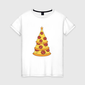 Женская футболка хлопок с принтом Пиццеёлка в Курске, 100% хлопок | прямой крой, круглый вырез горловины, длина до линии бедер, слегка спущенное плечо | bird born | арт | веселье | еда | ёлка | иллюстратор | иллюстрация | новый год | пепперони | пицца | радость | рисунок | юмор