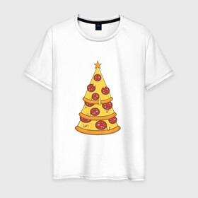 Мужская футболка хлопок с принтом Пиццеёлка в Курске, 100% хлопок | прямой крой, круглый вырез горловины, длина до линии бедер, слегка спущенное плечо. | bird born | арт | веселье | еда | ёлка | иллюстратор | иллюстрация | новый год | пепперони | пицца | радость | рисунок | юмор