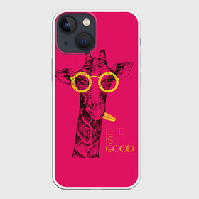 Чехол для iPhone 13 mini с принтом Life is good в Курске,  |  | african | animal | giraffe | inscription | life is good | look | pink | pop art | tongue | yellow | африканское | взгляд | желтый | животное | жизнь хороша | жираф | надпись | очки | поп   арт | розовый | язык