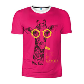 Мужская футболка 3D спортивная с принтом Life is good в Курске, 100% полиэстер с улучшенными характеристиками | приталенный силуэт, круглая горловина, широкие плечи, сужается к линии бедра | Тематика изображения на принте: african | animal | giraffe | inscription | life is good | look | pink | pop art | tongue | yellow | африканское | взгляд | желтый | животное | жизнь хороша | жираф | надпись | очки | поп   арт | розовый | язык