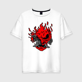Женская футболка хлопок Oversize с принтом CYBERPUNK 2077 (КИАНУ РИВЗ) в Курске, 100% хлопок | свободный крой, круглый ворот, спущенный рукав, длина до линии бедер
 | cd project red | cyberpunk 2077 | keanu reeves | samurai | киану ривз | киберпанк 2077 | самураи