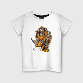 Детская футболка хлопок с принтом Носорог Steampunk в Курске, 100% хлопок | круглый вырез горловины, полуприлегающий силуэт, длина до линии бедер | Тематика изображения на принте: cyber | retro | rhino | robot | steampunk | носорог | панк | ретро | стимпанк