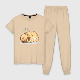 Женская пижама хлопок с принтом Спящий мопс в Курске, 100% хлопок | брюки и футболка прямого кроя, без карманов, на брюках мягкая резинка на поясе и по низу штанин | Тематика изображения на принте: dog | pug | мопс | пес | псина | собака | собачка | сон | спит | спящий