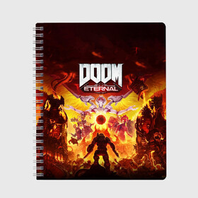 Тетрадь с принтом DOOM Eternal в Курске, 100% бумага | 48 листов, плотность листов — 60 г/м2, плотность картонной обложки — 250 г/м2. Листы скреплены сбоку удобной пружинной спиралью. Уголки страниц и обложки скругленные. Цвет линий — светло-серый
 | 2019 | bethesda | demon | doom | eternal | ethernal | game | games | logo | monster | runes | демон | дум | дуум | етернал | игра | игры | какодемон | кровь | лого | логотип | монстр | монстры | руны | символ | этернал