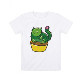 Детская футболка хлопок с принтом Кот-кактус в Курске, 100% хлопок | круглый вырез горловины, полуприлегающий силуэт, длина до линии бедер | cat | горшок | иголки | кактус | кот кактус | котик | кошка | растение | цветок