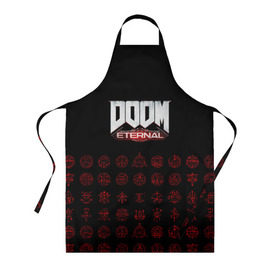 Фартук 3D с принтом DOOM Eternal в Курске, 100% полиэстер | общий размер — 65 х 85 см, ширина нагрудника — 26 см, горловина — 53 см, длина завязок — 54 см, общий обхват в поясе — 173 см. Принт на завязках и на горловине наносится с двух сторон, на основной части фартука — только с внешней стороны | 2019 | bethesda | demon | doom | eternal | ethernal | game | games | logo | monster | runes | демон | дум | дуум | етернал | игра | игры | какодемон | кровь | лого | логотип | монстр | монстры | руны | символ | этернал