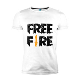 Мужская футболка премиум с принтом Free Fire logo в Курске, 92% хлопок, 8% лайкра | приталенный силуэт, круглый вырез ворота, длина до линии бедра, короткий рукав | Тематика изображения на принте: battlegrounds | fire | free | garena | гарена | фаер | фри