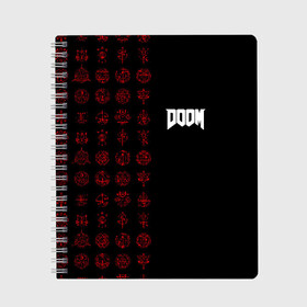 Тетрадь с принтом DOOM - Руны в Курске, 100% бумага | 48 листов, плотность листов — 60 г/м2, плотность картонной обложки — 250 г/м2. Листы скреплены сбоку удобной пружинной спиралью. Уголки страниц и обложки скругленные. Цвет линий — светло-серый
 | 2019 | bethesda | demon | doom | eternal | ethernal | game | games | logo | monster | runes | демон | дум | дуум | етернал | игра | игры | какодемон | кровь | лого | логотип | монстр | монстры | руны | символ | этернал