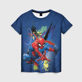Женская футболка 3D с принтом Spider-man with a spiderweb в Курске, 100% полиэфир ( синтетическое хлопкоподобное полотно) | прямой крой, круглый вырез горловины, длина до линии бедер | avengers | comics | marvel | peter parker | spider man | stan lee | super her | web shooter | комикс | марвел | марвэл | мстители | паутина | паучок | питер паркер | спайди | стэн ли | человек паук