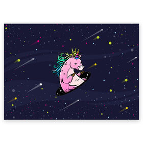 Поздравительная открытка с принтом Единорог и телепорт в Курске, 100% бумага | плотность бумаги 280 г/м2, матовая, на обратной стороне линовка и место для марки
 | Тематика изображения на принте: вселенная | галактика | грива | единорог | звезды | космос | радуга | телепорт