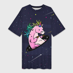 Платье-футболка 3D с принтом Единорог и телепорт в Курске,  |  | вселенная | галактика | грива | единорог | звезды | космос | радуга | телепорт