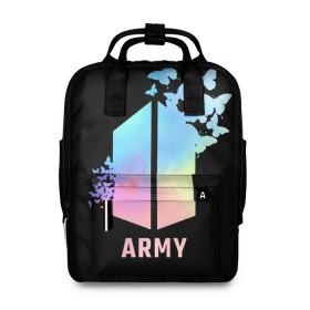 Женский рюкзак 3D с принтом BTS ARMY в Курске, 100% полиэстер | лямки с регулируемой длиной, сверху ручки, чтобы рюкзак нести как сумку. Основное отделение закрывается на молнию, как и внешний карман. Внутри два дополнительных кармана, один из которых закрывается на молнию. По бокам два дополнительных кармашка, куда поместится маленькая бутылочка
 | army | bangtan boys | beyond the scene | bts | k pop | kpop | love yourself | бтс | к поп