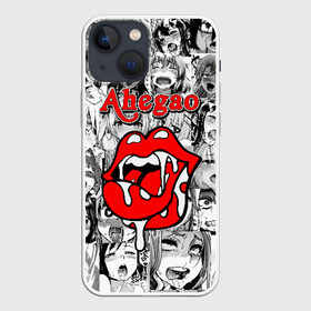 Чехол для iPhone 13 mini с принтом Ahegao в Курске,  |  | ahegao | black   white | cartoon | collage | comic | emotion | faces | girls | inscription | japanese | lips | manga | mouth | open | red | аниме | губы | девушки | коллаж | комикс | красные | лица | мультфильм | надпись | откр