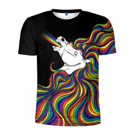 Мужская футболка 3D спортивная с принтом Белый конь с радужной гривой в Курске, 100% полиэстер с улучшенными характеристиками | приталенный силуэт, круглая горловина, широкие плечи, сужается к линии бедра | волны | конь | лошадь | радуга