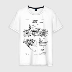 Мужская футболка хлопок с принтом Patent Harley в Курске, 100% хлопок | прямой крой, круглый вырез горловины, длина до линии бедер, слегка спущенное плечо. | harley | patent | байк | байкер | идея | история | механика | мото | мотоцикл | патент | разработка | харлей | чертеж | чертежи