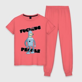 Женская пижама хлопок с принтом Futurama Bender в Курске, 100% хлопок | брюки и футболка прямого кроя, без карманов, на брюках мягкая резинка на поясе и по низу штанин | bender | futurama | бендер | футурама