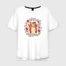 Мужская футболка хлопок Oversize с принтом Мишка в Курске, 100% хлопок | свободный крой, круглый ворот, “спинка” длиннее передней части | дикое животное | животное | медведь | мишка | рисунок | цветы